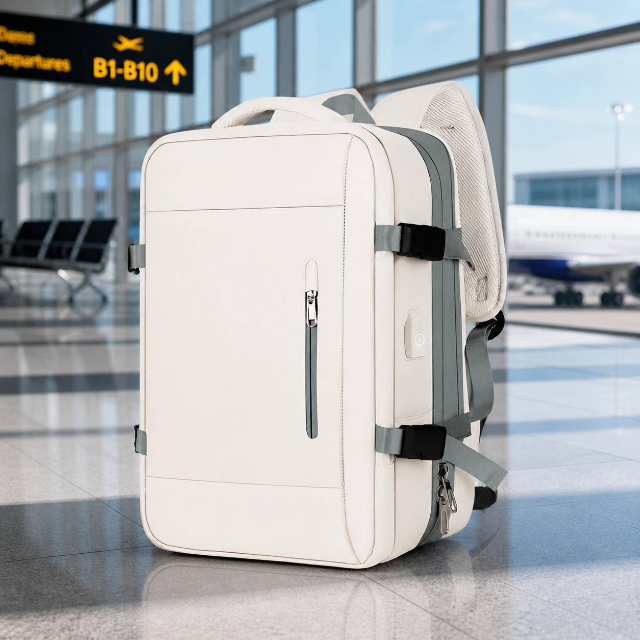 Présentation du sac à dos pour bagage cabine blanc et vert, modèle unique