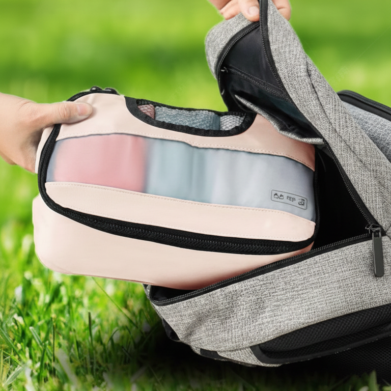 presentation d une poche organisateur de valise beige style creme avec bouteille pour activites dans parc