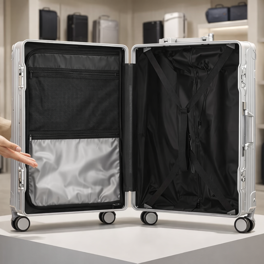 Présentation de l’intérieur de la petite valise cabine robuste en magasin