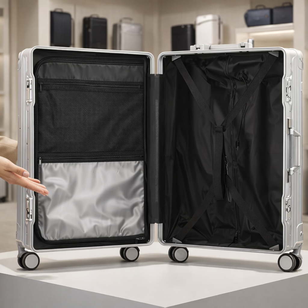 Présentation de l’intérieur de la petite valise rigide cabine, disponible en trois couleurs, en magasin