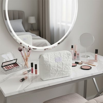Présentation de la magnifique trousse à maquillage blanche sur belle maquilleuse en bois blanc