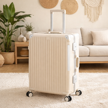 Présentation de la petite valise rigide cabine crème dans un salon tendance bohème avec grande plante