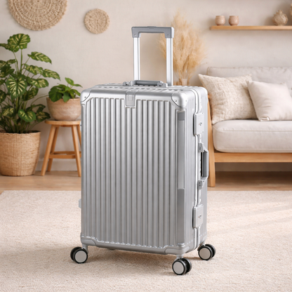 Présentation de la petite valise rigide cabine gris argent dans un salon tendance bohème avec grande plante