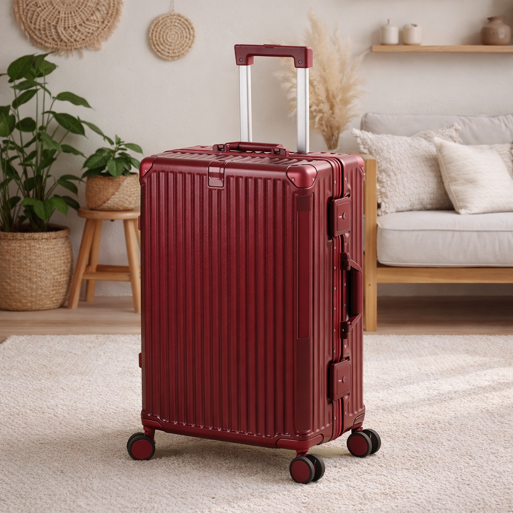 Présentation de la petite valise rigide cabine rouge dans un salon tendance bohème avec grande plante