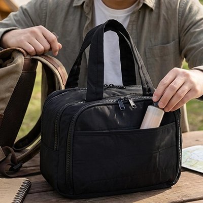 présentation de la poche frontale Trousse de toilette voyage tout-en-un 