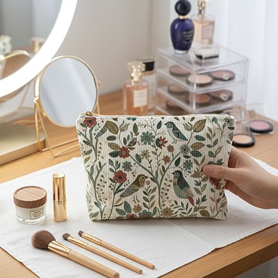 Présentation de la trousse maquillage. Préparation pour ranger 3 pinceaux, rouge à lèvre et divers autres