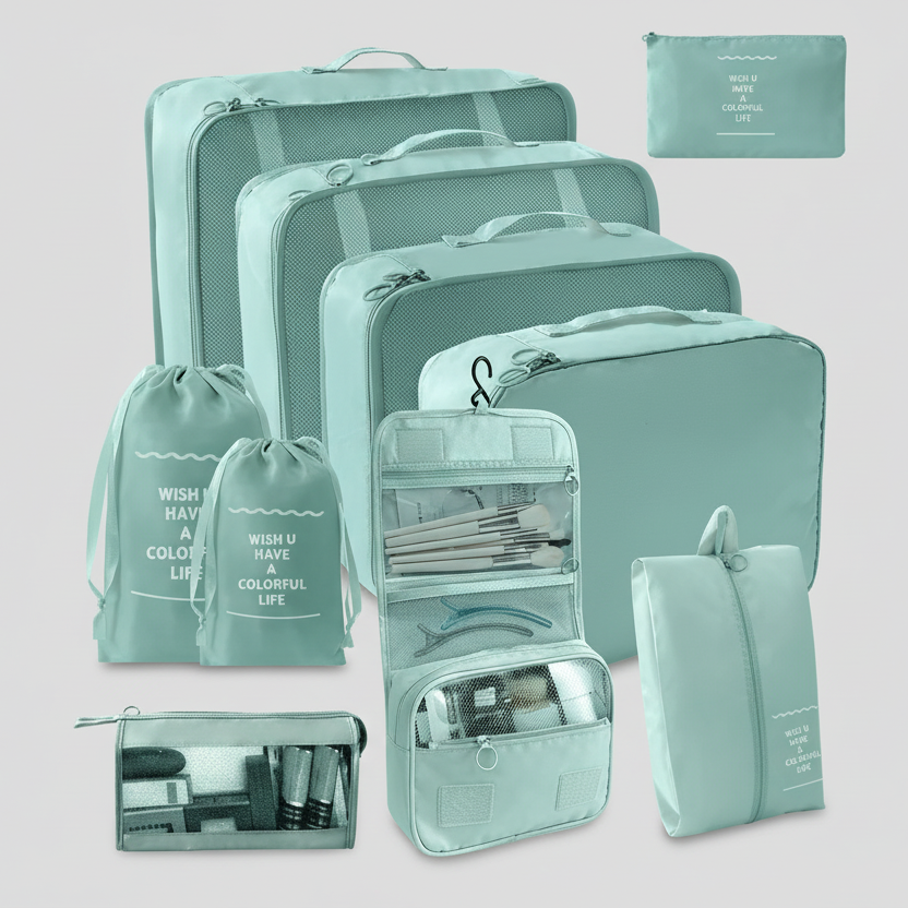 presentation des 10 pieces de organisateur de valise ZenOptimise 4 compatiment vetement 1 sac chaussure 2 sac cordon trousse de toilette pochette maquillage pochette bijoux bleu vert