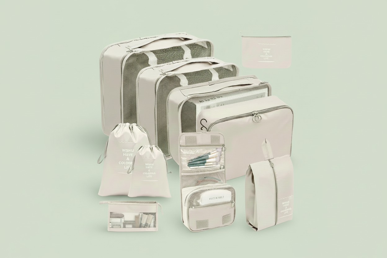 presentation des 10 pieces de organisateur de valise ZenOptimise 4 compatiment vetement 1 sac chaussure 2 sac cordon trousse de toilette pochette maquillage pochette bijoux creme