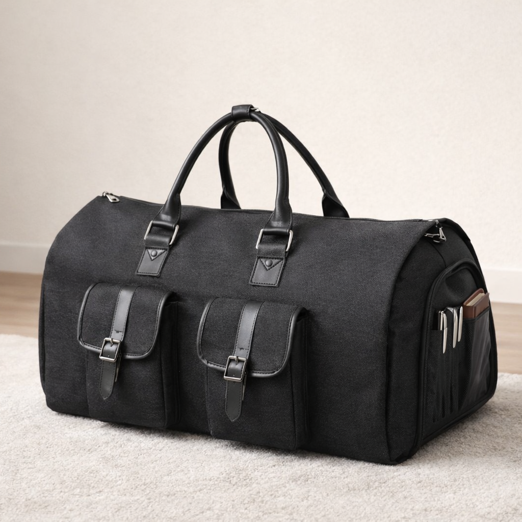 Presentation du Sac de Voyage Homme 2 en 1 noir sur un tapis beige