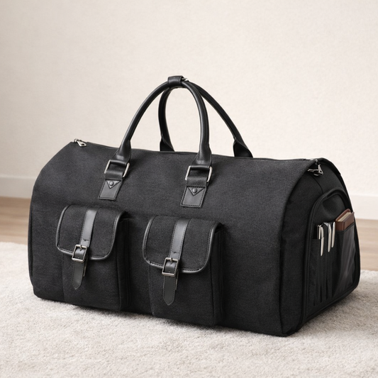 Presentation du Sac de Voyage Homme 2 en 1 noir sur un tapis beige