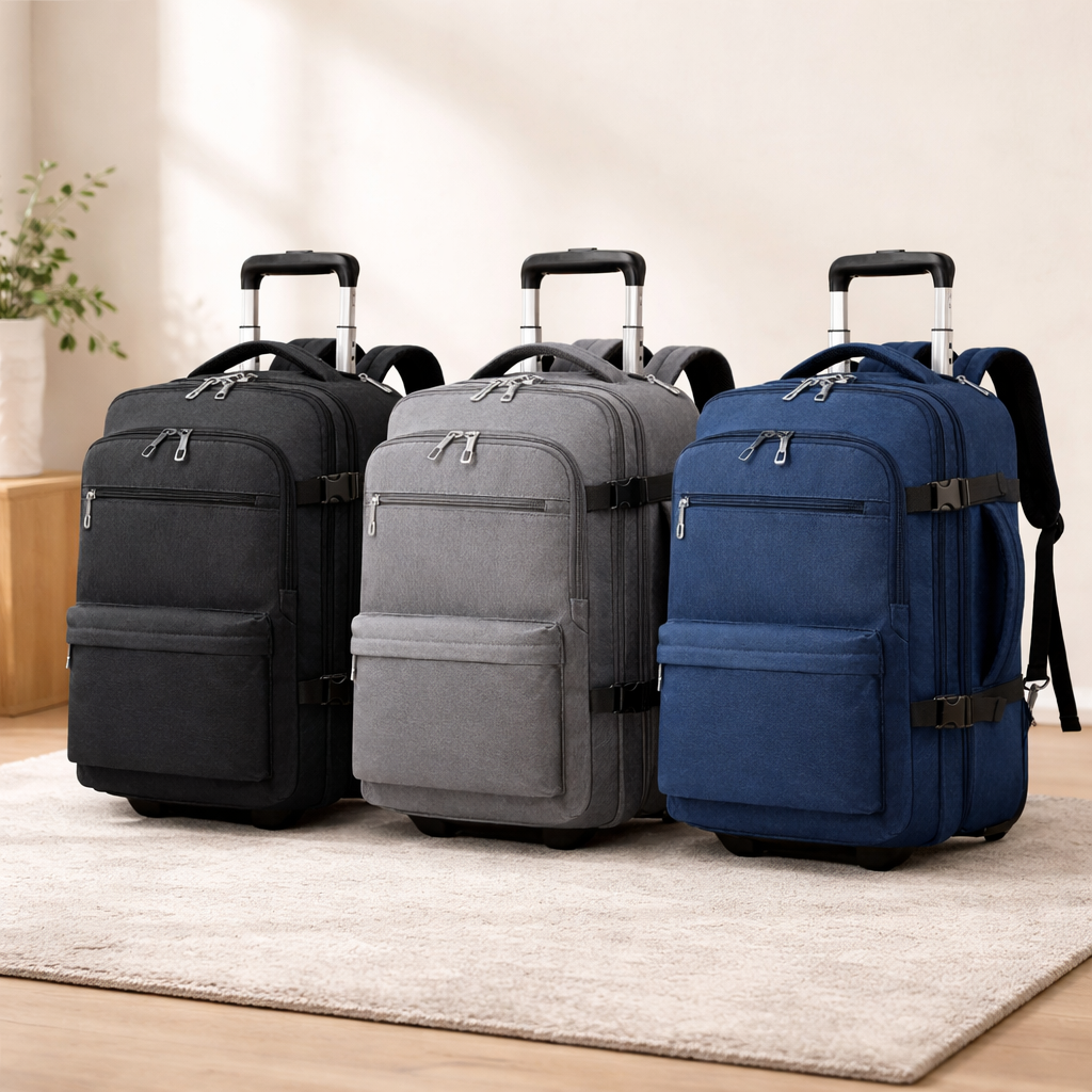 présentation du sac à dos de voyage gris bleu noir dans décor zen capacité généreuse design fonctionnel pour ordinateur et cabine