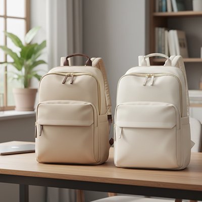 Présentation du sac à dos voyage cabine parfait pour ordinateur portable de couleur Kaki et blanc sur table de cuisine en bois