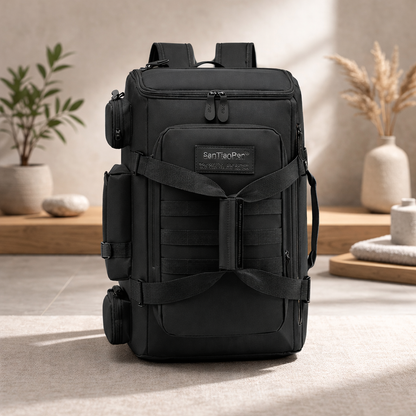 Présentation du sac à dos de voyage à grande ouverture, noir, vue de face sur fond neutre avec détails des poches et sangles visibles