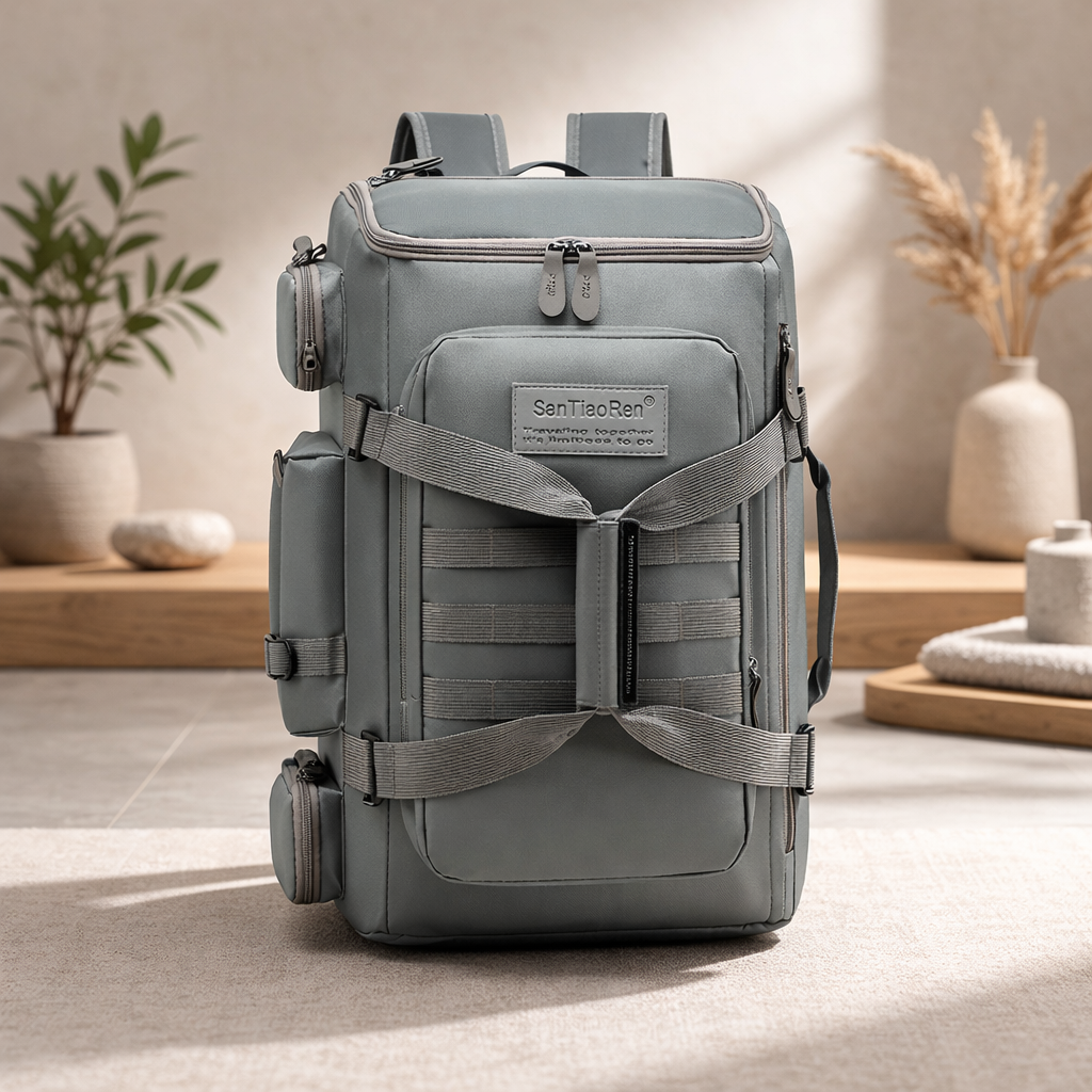 présentation du sac à dos voyageur grande ouverture vert vue face fond neutre détails poches et sangles visibles