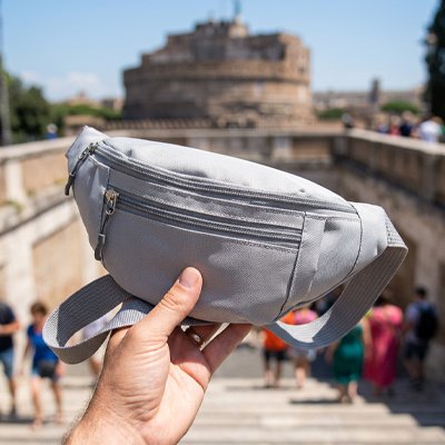 Présentation du Sac banane homme gris devant monument historique
