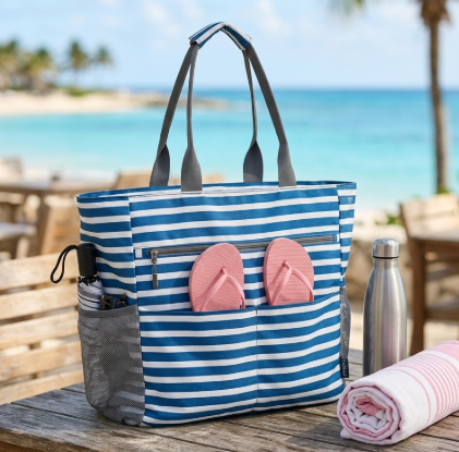 Présentation en bord de mer du sac de plage grand et pliable