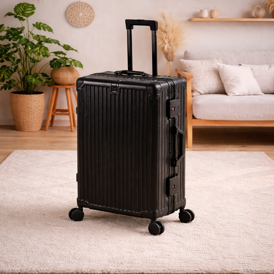 présentation la petite valise cabine rigide noir dans un salon moderne style bohème avec belle plante