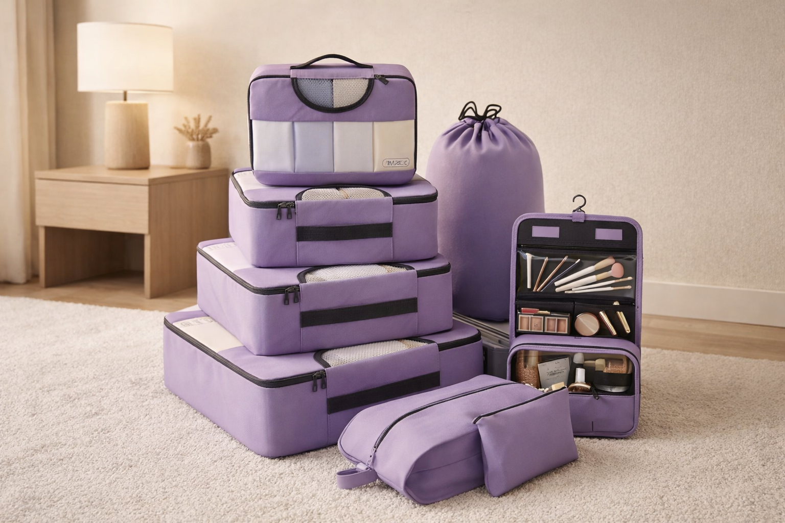 presentation organisateur de valise beige style Lavande fonce sur tapis beige 8 pieces 4 sacs en filet trousse toilette sac multi usage cordon pochette bijoux sac chaussures