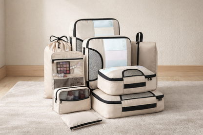 presentation organisateur de valise beige style creme 4 sacs en filet trousse toilette sac multi usage cordon pochette bijoux sac chaussures