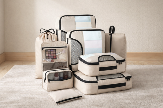 presentation organisateur de valise beige style creme 4 sacs en filet trousse toilette sac multi usage cordon pochette bijoux sac chaussures