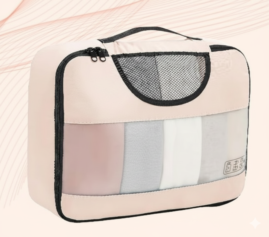 presentation organisateur de valise beige style creme pret au depart sur fond rose possible voir interieur avec petit grillage