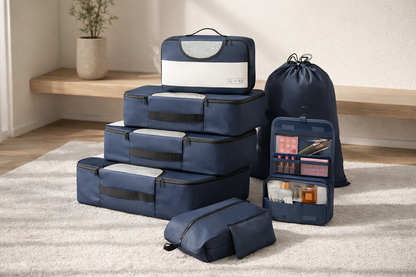 presentation organisateur de valise bleu marine 4 sacs en filet trousse toilette sac multi usage cordon pochette bijoux sac chaussures
