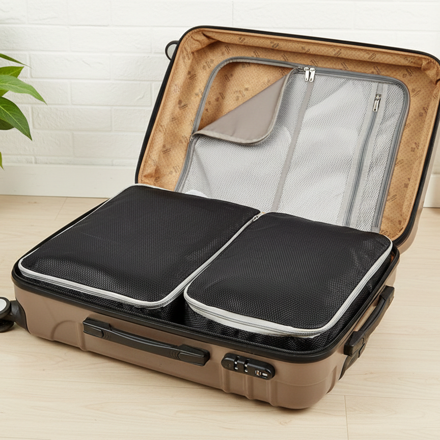 Organisateur valise noir placé dans un bagage cabine, posé sur un comptoir en bois clair, ambiance minimaliste et moderne.