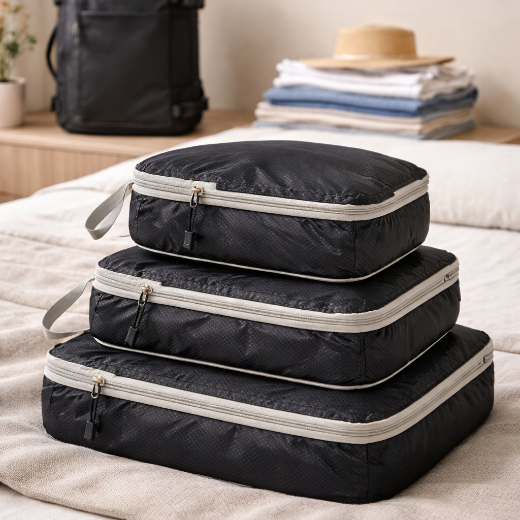 Organisateur valise noir posé sur un lit dans une chambre moderne et lumineuse, ambiance épurée idéale pour le voyage.