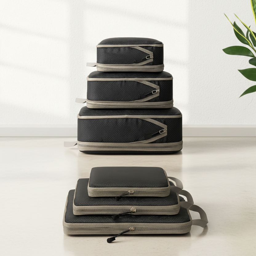 Organisateur valise noir remplis et compressés, disposés dans un décor minimaliste, idéal pour un rangement efficace en voyage.
