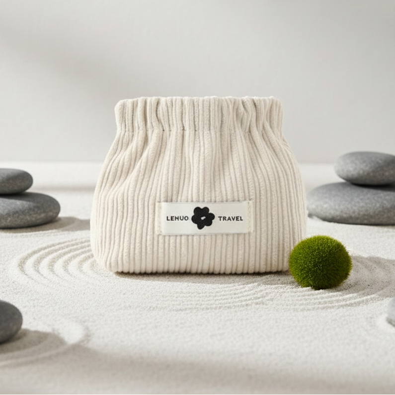 présentation trousse maquillage Minimaliste crème dans décor zen style spa
