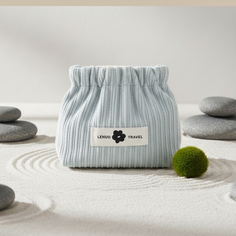 presentation troussemaquillage Minimaliste bleu ciel dans decor zen