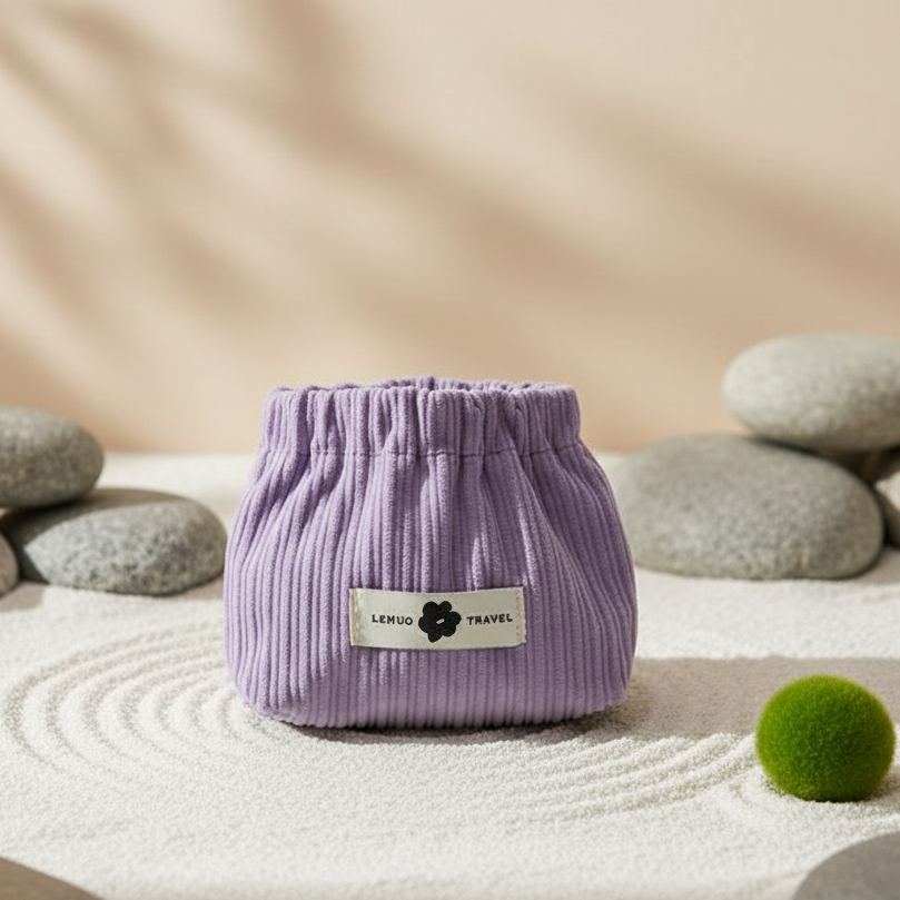 presentation troussemaquillage Minimaliste lavande dans decor zen