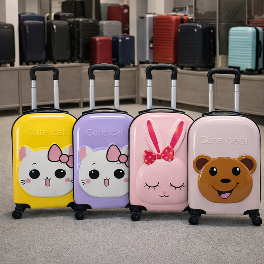 Présentation de la valise enfant fille, quatre modèles adorables en magasin.