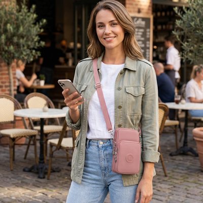 PRET D'UN CAFE FEMME AVEC POCHETTE TELEPHONE BANDOULIERE