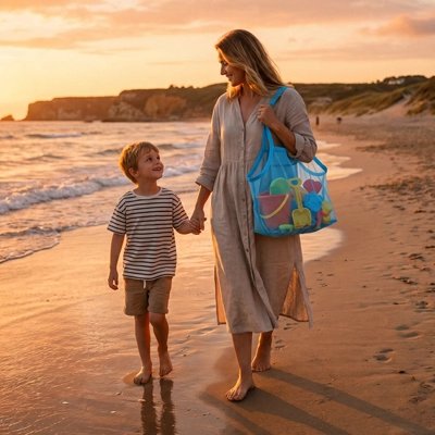 Promenade avec Beach bag Petit Trésor bleu