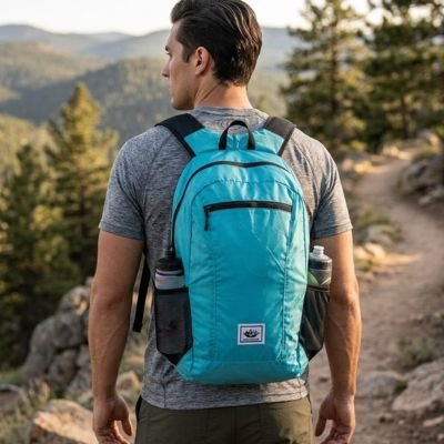Randonnée en foret avec Sac à dos pliable bleu turquoise