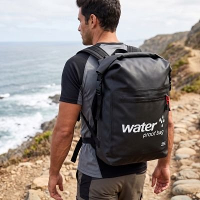 Randonneur avec Sac à dos étanche noir en haut de collines
