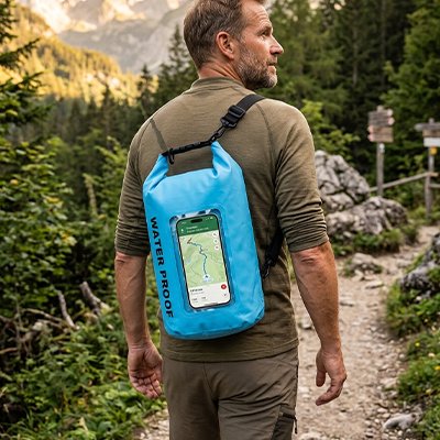 Randonneur avec SAC ETANCHE bleu porté en sac à dos
