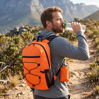 Randonneur en sentier avec sac de randonnée orange