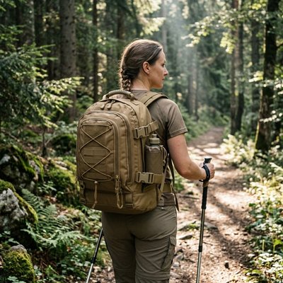 Randonneuse en forêt marchant confiante avec Sac à dos voyage