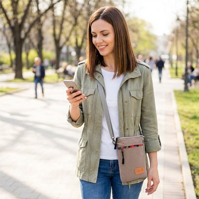 Sac à bandoulière femme beige, porté en travers du corps dans un parc