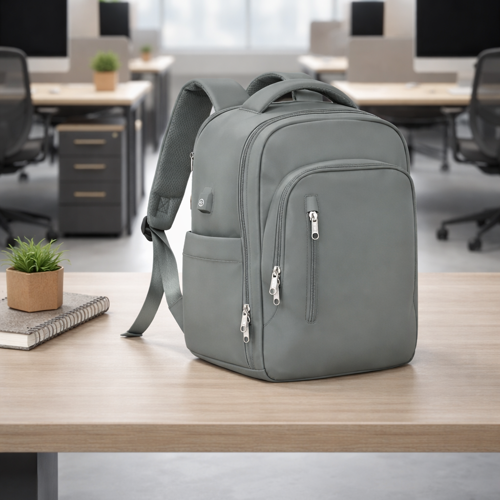 sac a dos avion aux dimensions EasyJet, couleur vert gris, sur un bureau dans un espace de travail partagé.