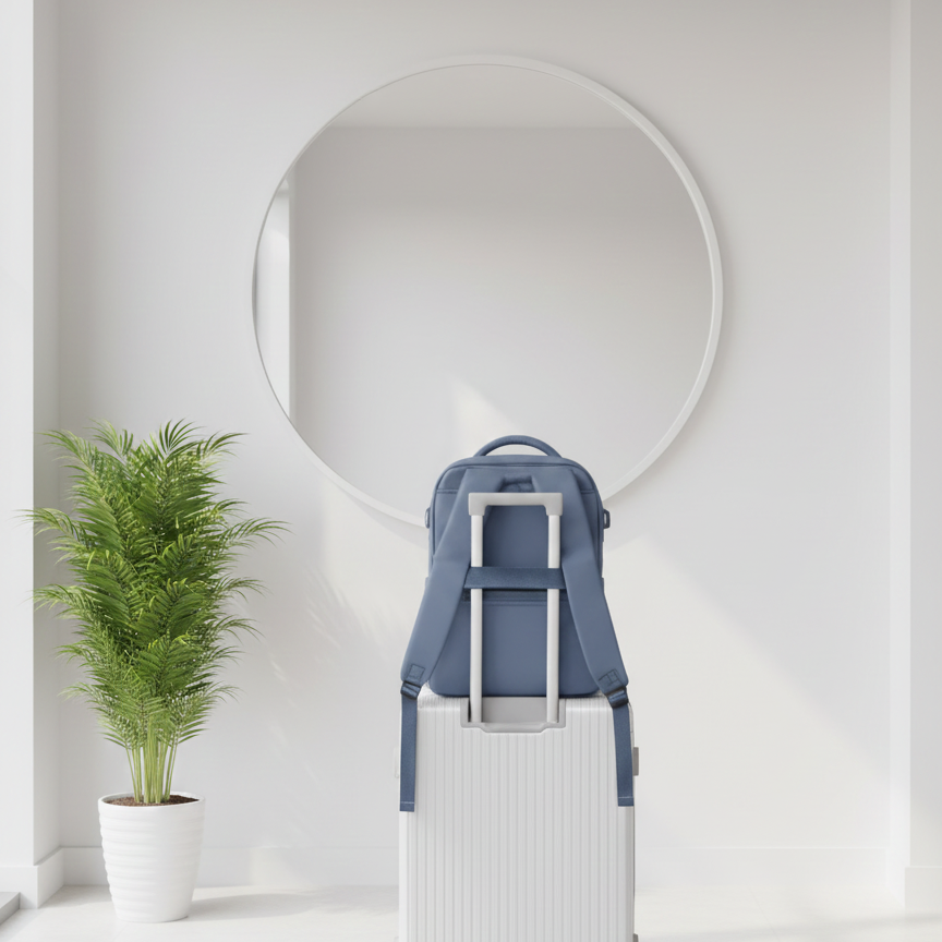 sac a dos avion pour voyage aux dimension easyjet sur valise de type trolley dans lobby blanc grand miroir minimalise