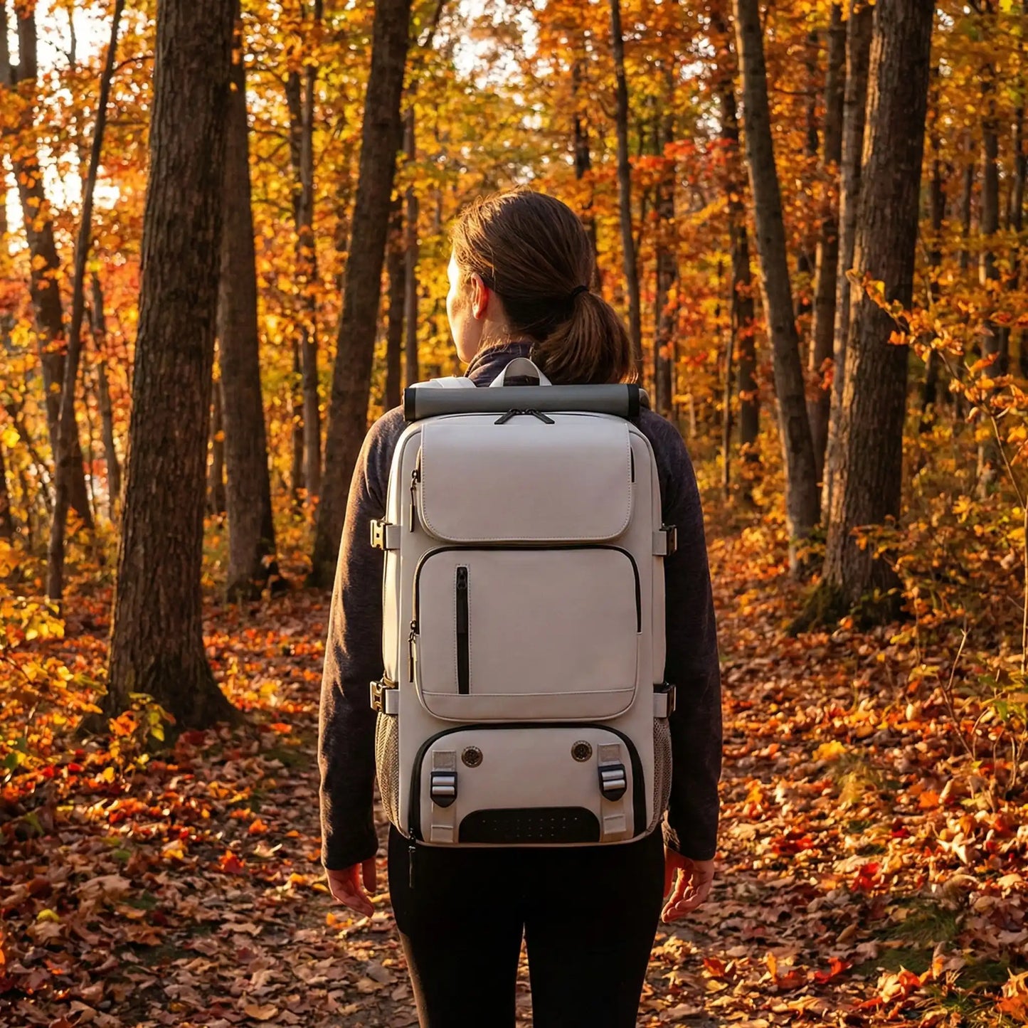 Femme en randonnée avec Sac à dos de voyage 40L beige en automne, ambiance randonnée nature, design robuste et confortable pour voyager et marcher sereinement.