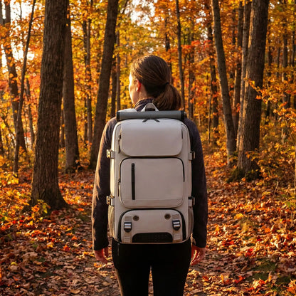 Femme en randonnée avec Sac à dos de voyage 40L beige en automne, ambiance randonnée nature, design robuste et confortable pour voyager et marcher sereinement.