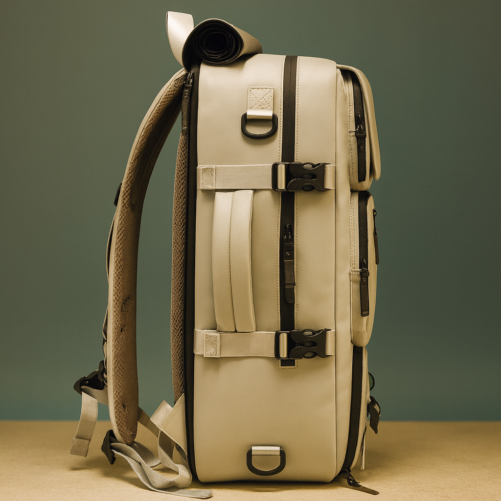 Sac à dos de voyage 40L gris clair vu de profil sur fond vert, sur une table beige
