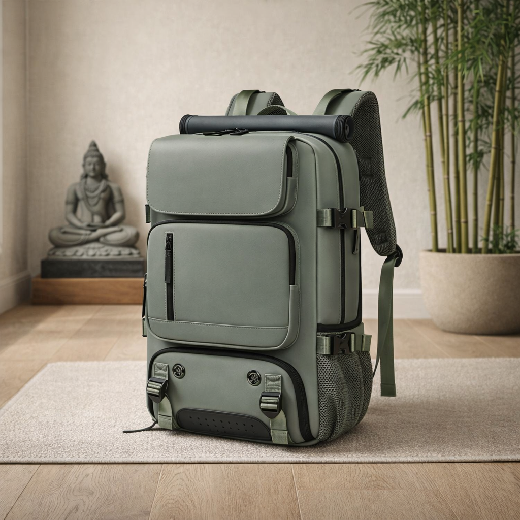 sac à dos de voyage 40L vert armée dans design minimaliste inspiré de la culture hindouisme