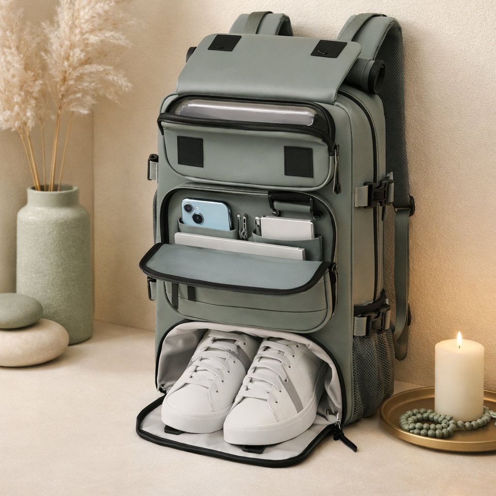 Sac à dos de voyage 40L vert armée ouvert dans un décor zen intérieur, chandelle, ambiance calme. Présentation des trois compartiments du devant 