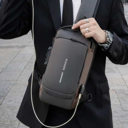 sac à dos de voyage antivol gris et brun porte poitrine homme