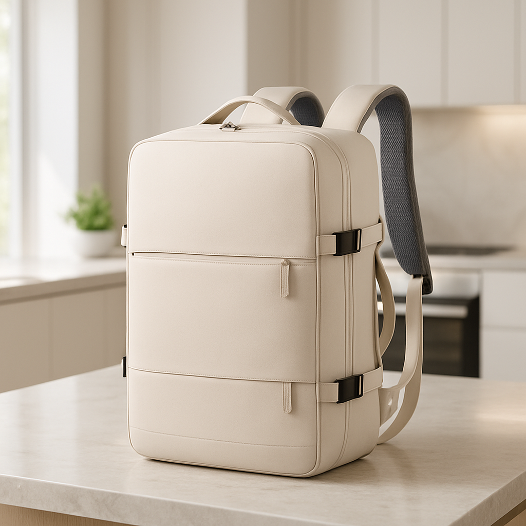 Sac à dos de voyage beige au design minimaliste posé sur un plan de travail dans un intérieur moderne et lumineux.